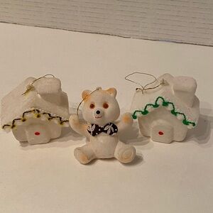 VTG Set of 3 Flocked white Christmas Ornaments 3” a bear and two houses
